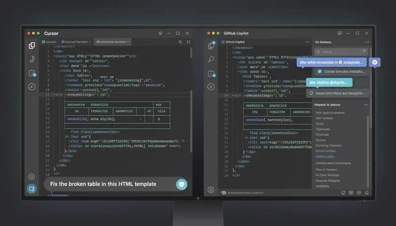 Cursor vs GitHub Copilot 2026 — Side-by-side UI comparison in a marketing workflow context showing HTML email template editing and script automation