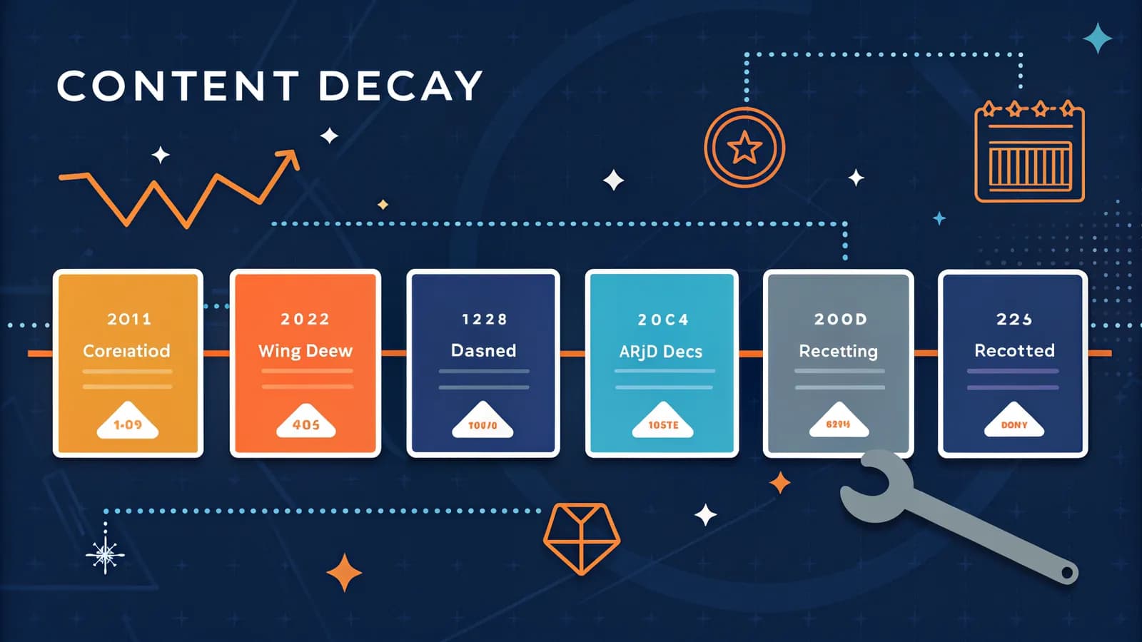 Content decay 2026 — timeline of content cards dimming with downward trend, maintenance refresh glow and radar detection pulse, dark navy with orange and blue accents